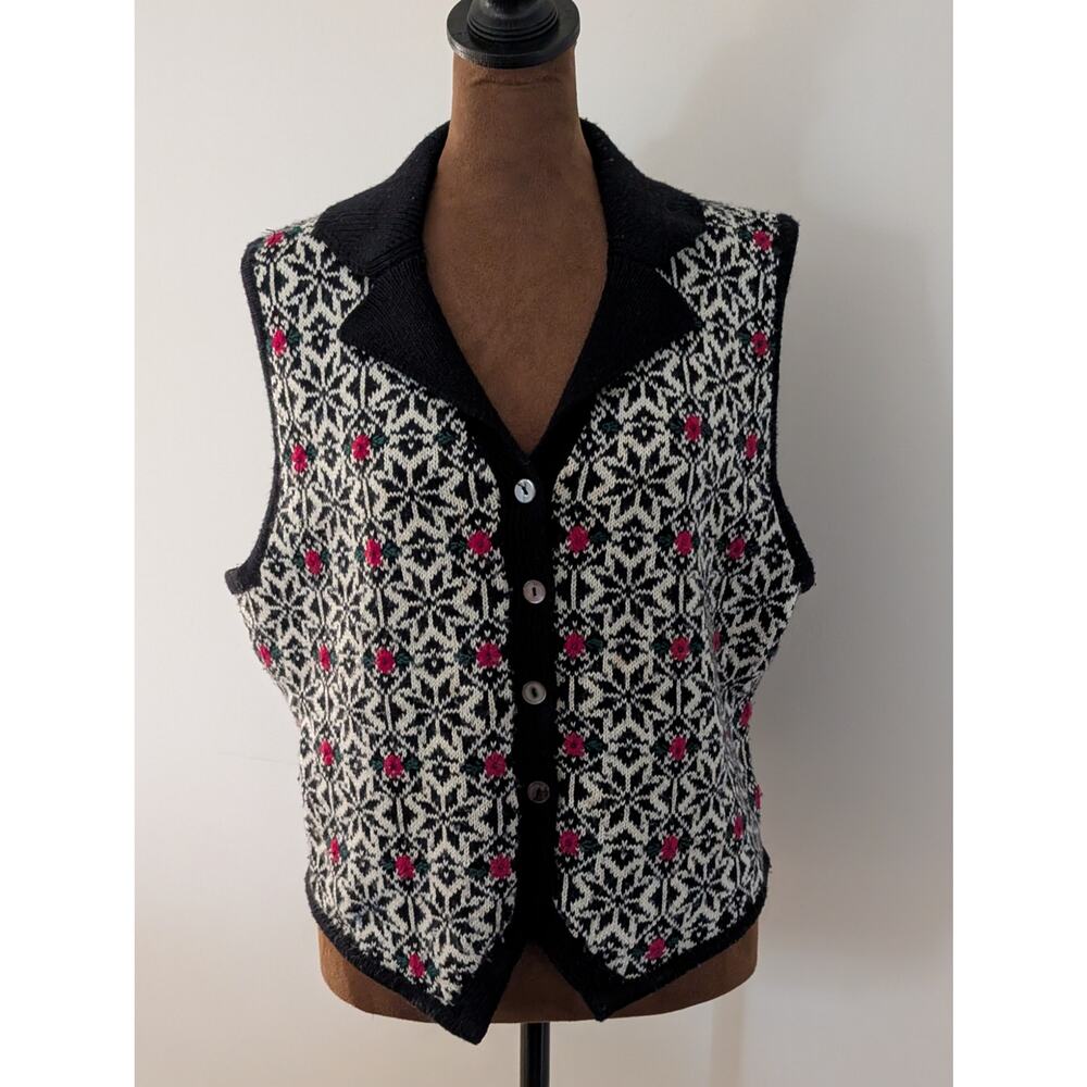 Vintage 90s Talbots Petites Wool Blend Floral Nordic Fair Isle Vest PL - Picture 2 of 9